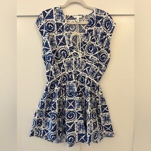 H&M Blue and White Printed Tie-Neck Casual Dress for Women
